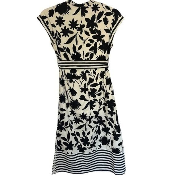 Zoe & Claire Black & Cream Floral Print Midi Dress Striped Waist Tie & Hem Sz M - Picture 3 of 13